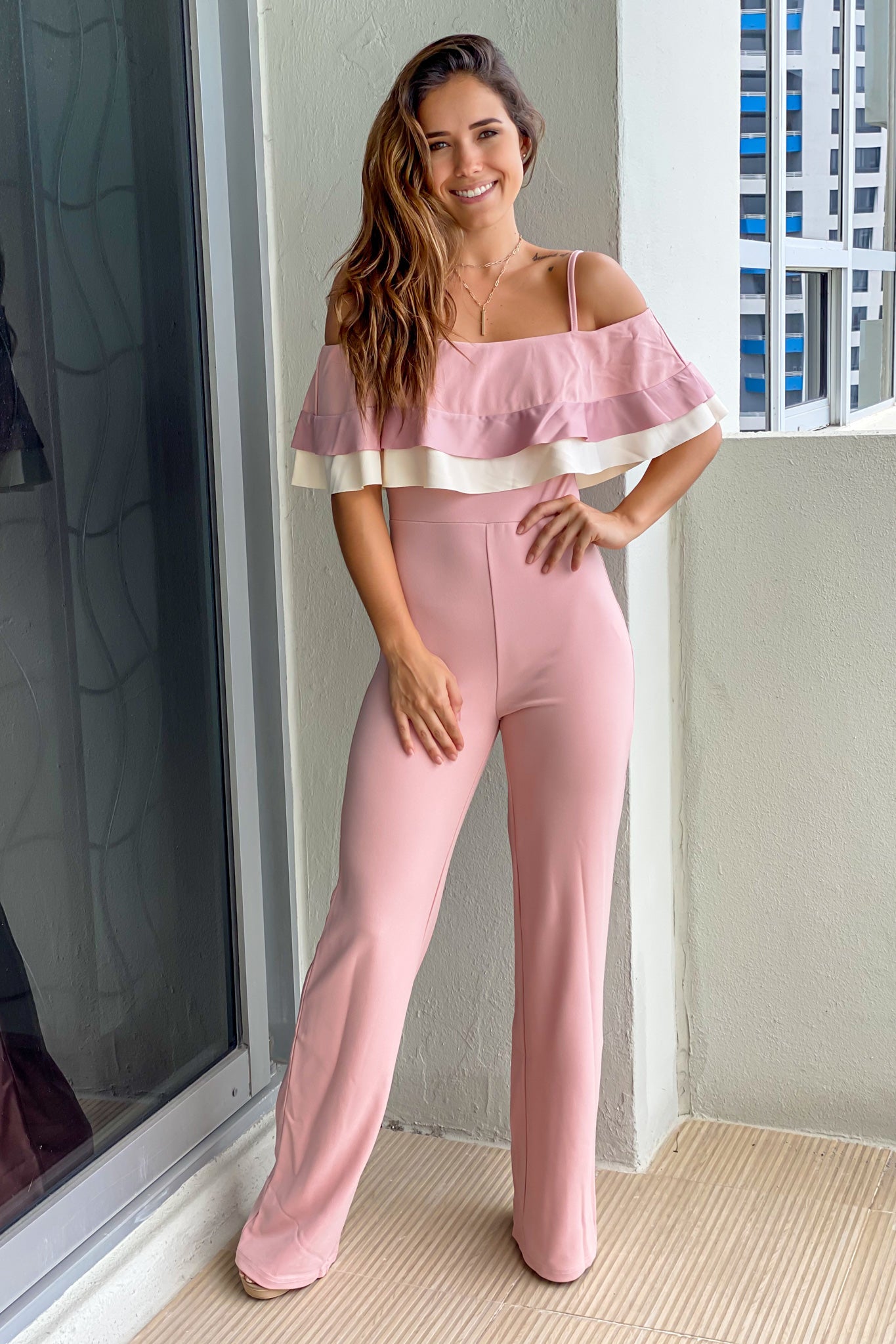 mauve and white jumpsuit with ruffled top