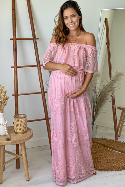 Mauve Lace Off Shoulder Maternity Maxi Dress