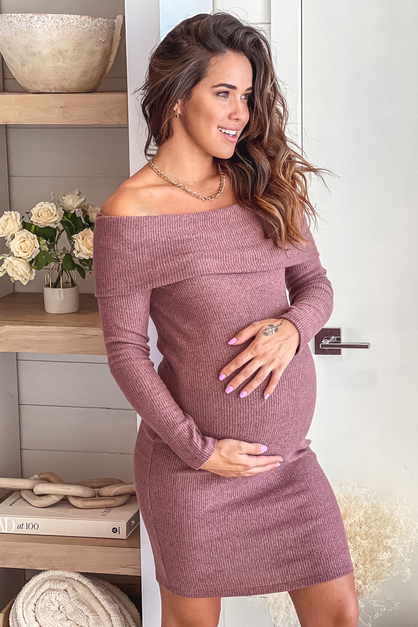 Mauve Off Shoulder Maternity Short Dress with Long Sleeves
