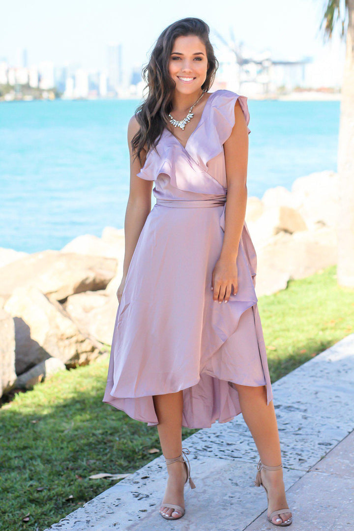 Mauve Wrap Dress with Ruffles | Beautiful Dresses Saved by the Dress Mauve Wrap Dress with Ruffles | Beautiful Dresses Saved by the Dress