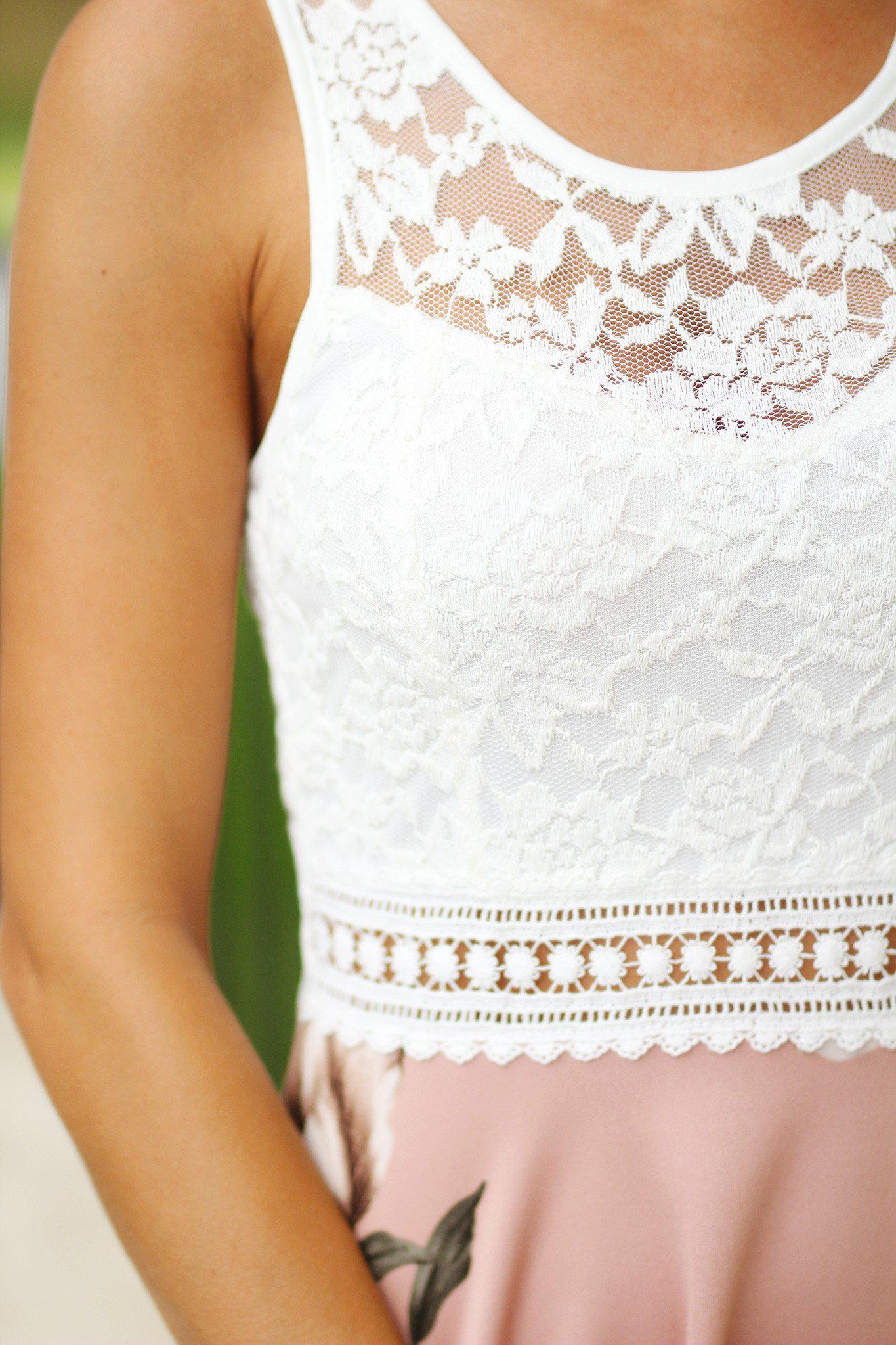Ivory Floral Short Dress with Lace Top Saved by the Dress Ivory Floral Short Dress with Lace Top Saved by the Dress