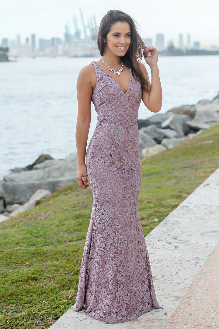 Mauve Lace Maxi Dress with Open Back | Bridesmaid Dresses  Saved by the  Dress