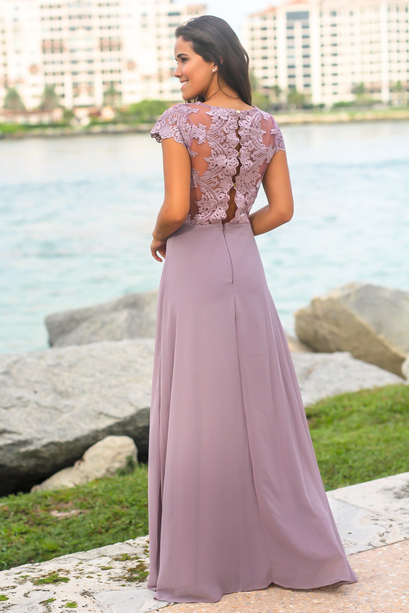 Mauve Maxi Dress with Embroidered Top and Slit