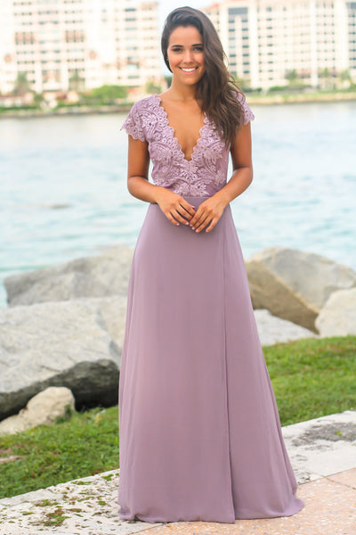 Mauve Maxi Dress with Embroidered Top and Slit