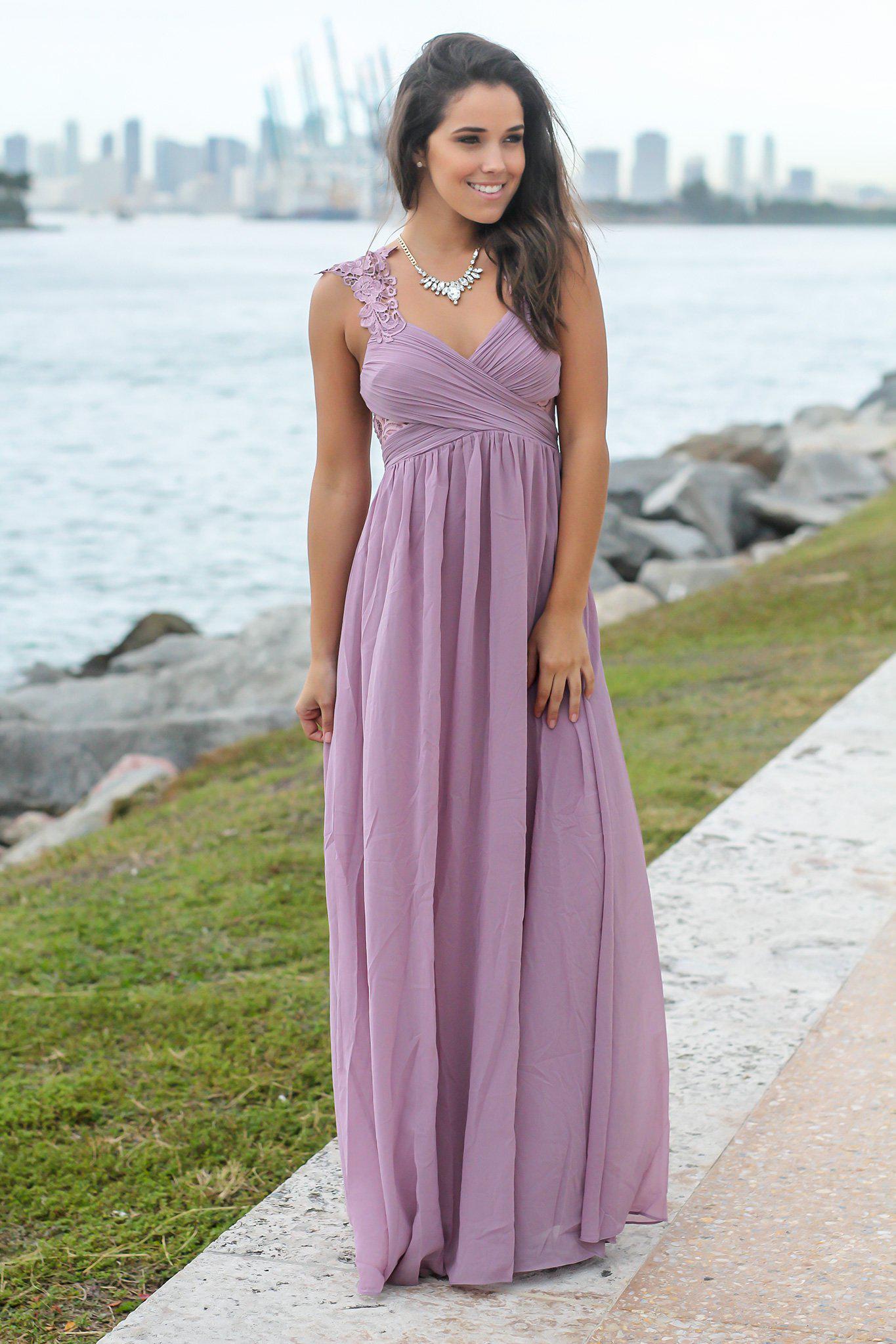 Mauve Maxi Dress with Pleated Top and Crochet Detail