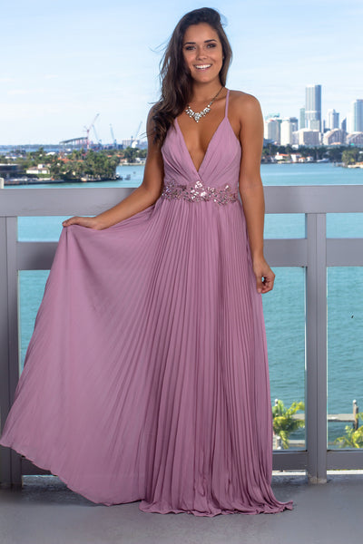Mauve Pleated Maxi Dress with Sequin Detail