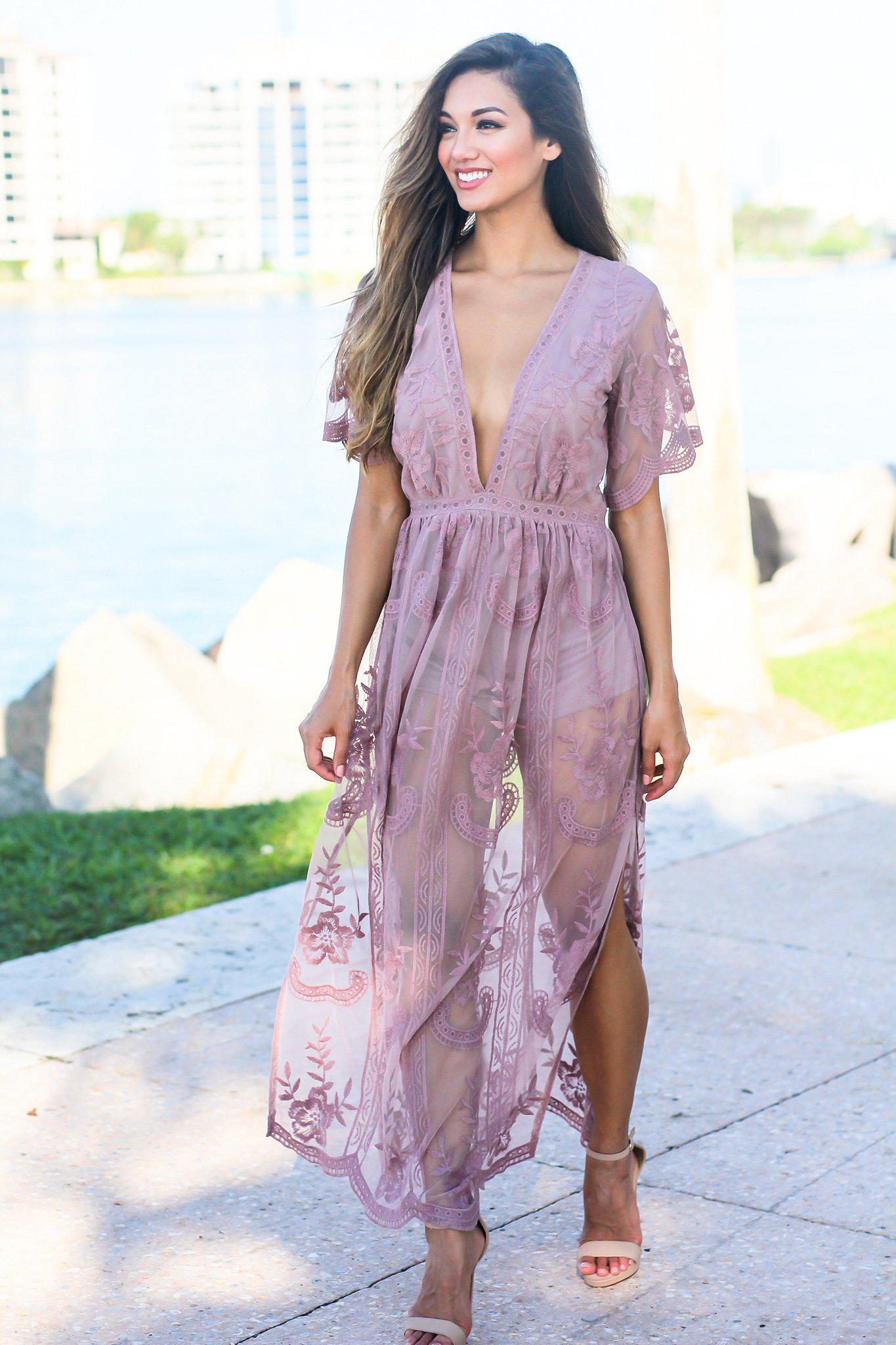Mauve V-Neck Lace Maxi Romper | Lace Romper | Online Boutiques Saved by the Dress Mauve V-Neck Lace Maxi Romper | Lace Romper | Online Boutiques Saved by the Dress