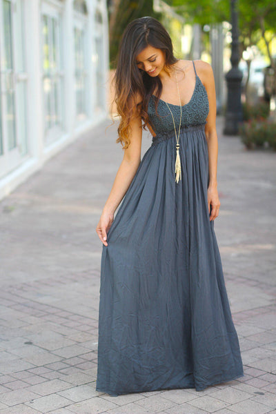 midnight navy lace maxi dress with open back