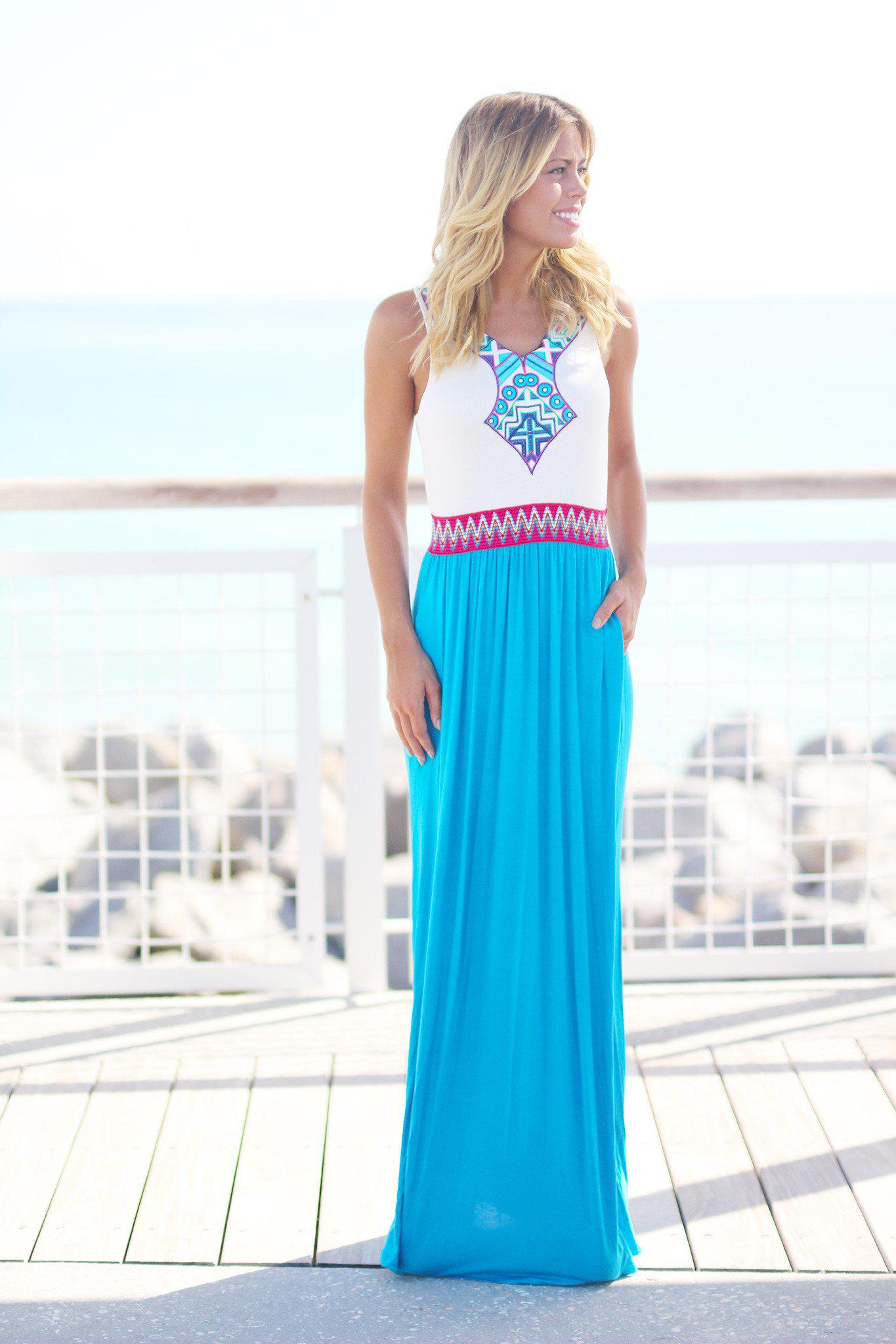 Royal Blue Maxi Dress with Printed Top