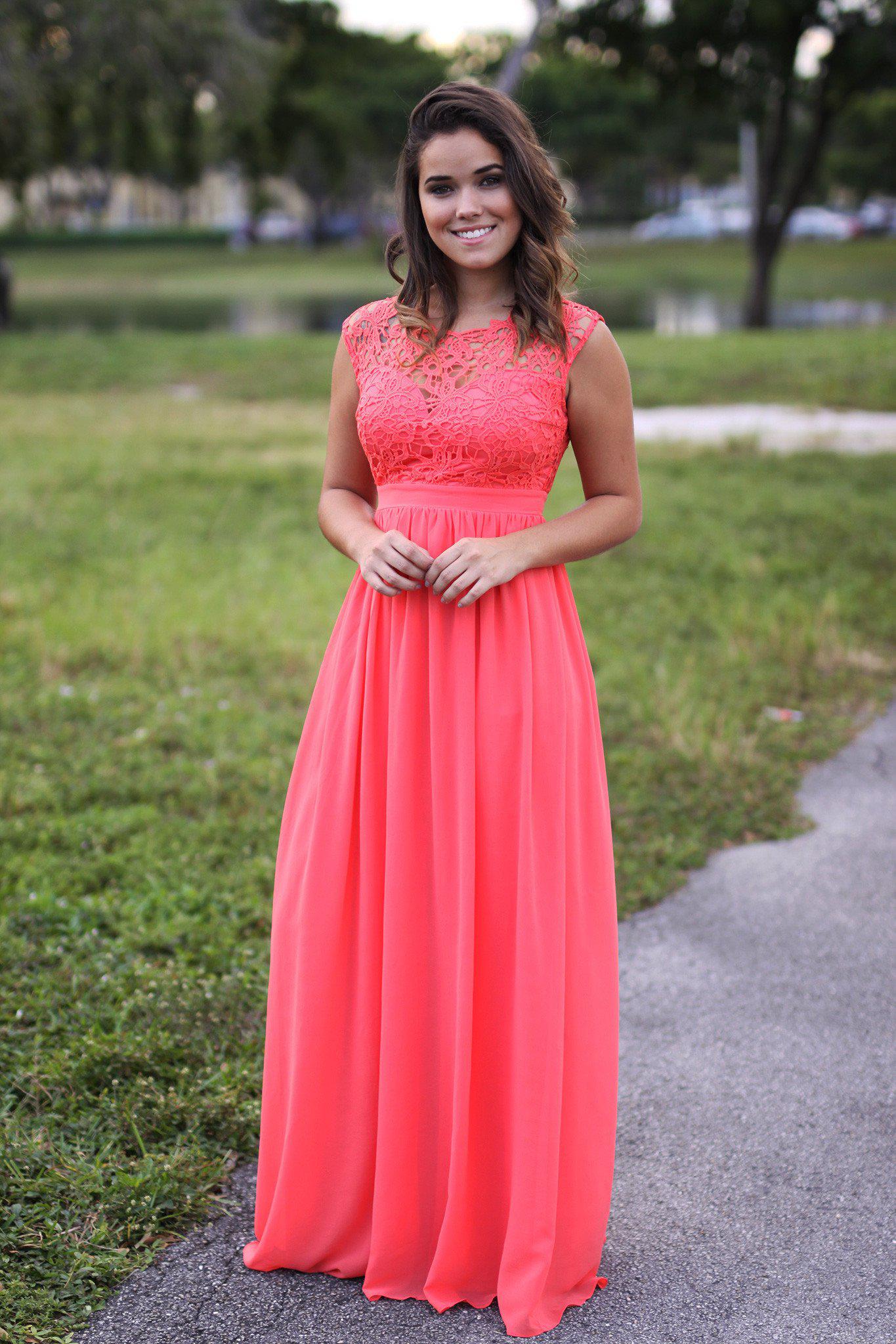 coral crochet maxi dress with tulle back