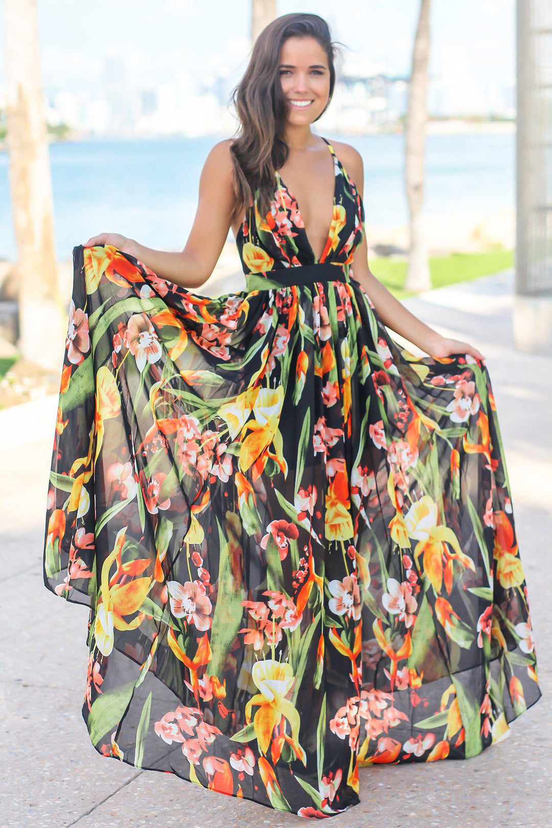 colorful floral maxi dress Black and Orange Floral Maxi Dress