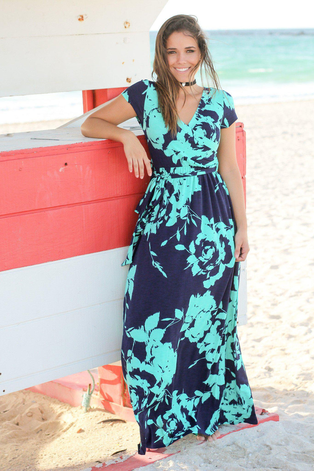 Navy and Teal Floral Wrap Maxi Dress