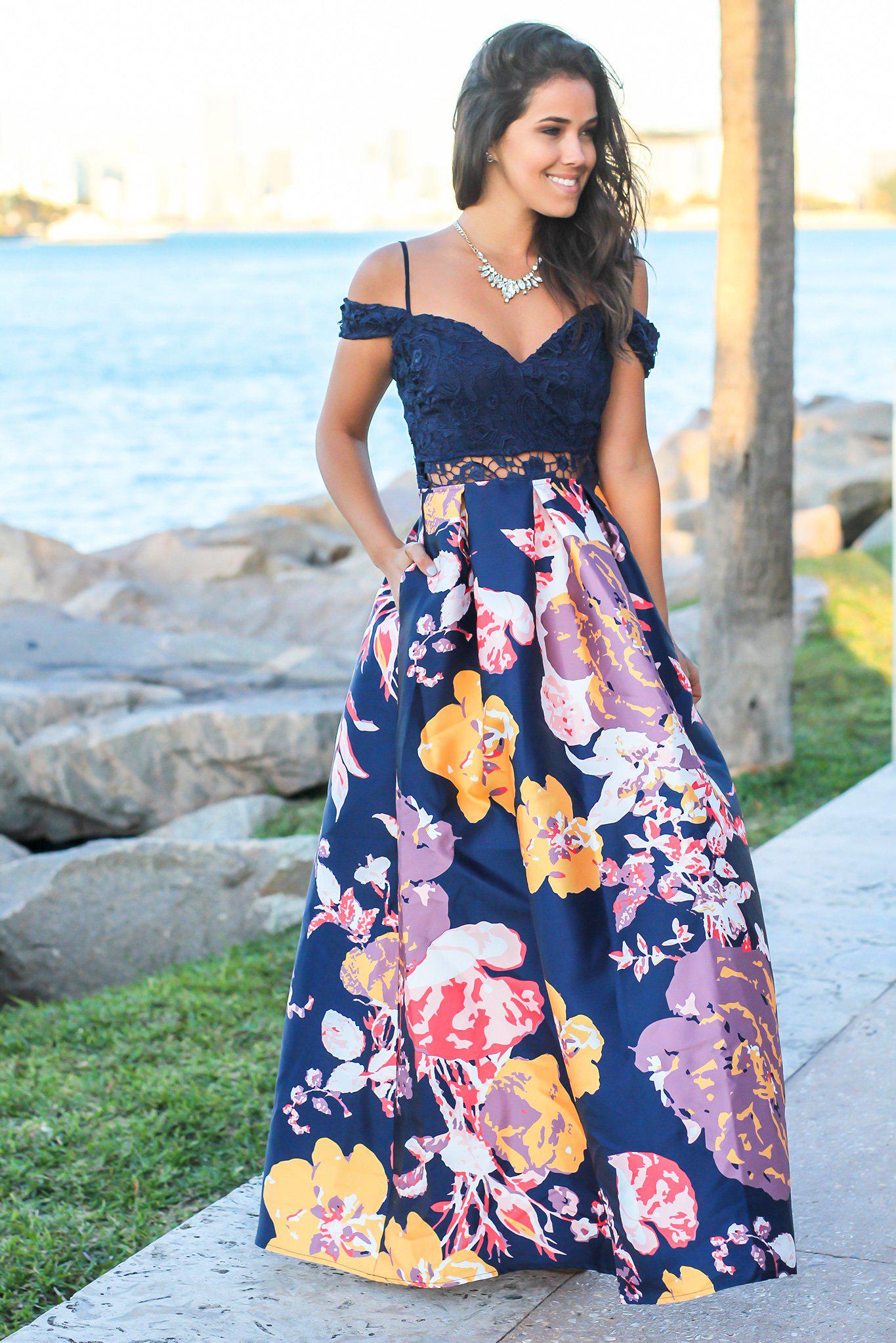 Navy Floral Crochet Top Maxi Dress | Maxi Dresses – Saved by the Dress
