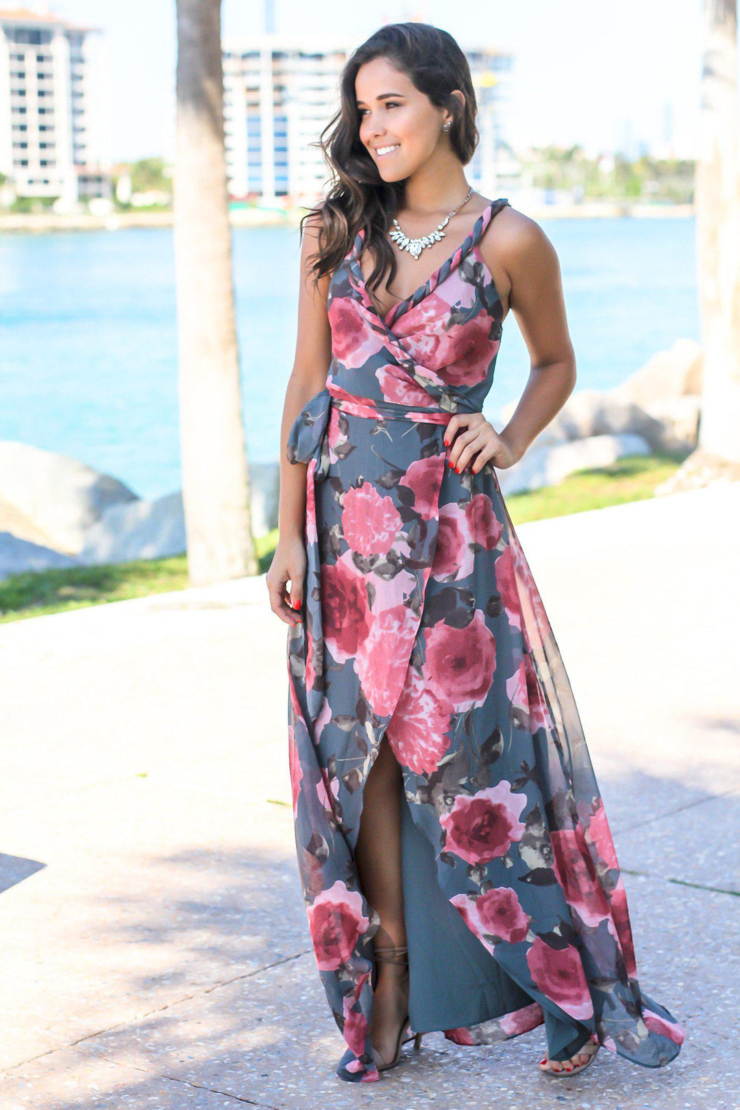 Gray and Pink Floral Wrap Dress | Maxi Dresses Saved by the Dress Gray and Pink Floral Wrap Dress | Maxi Dresses Saved by the Dress