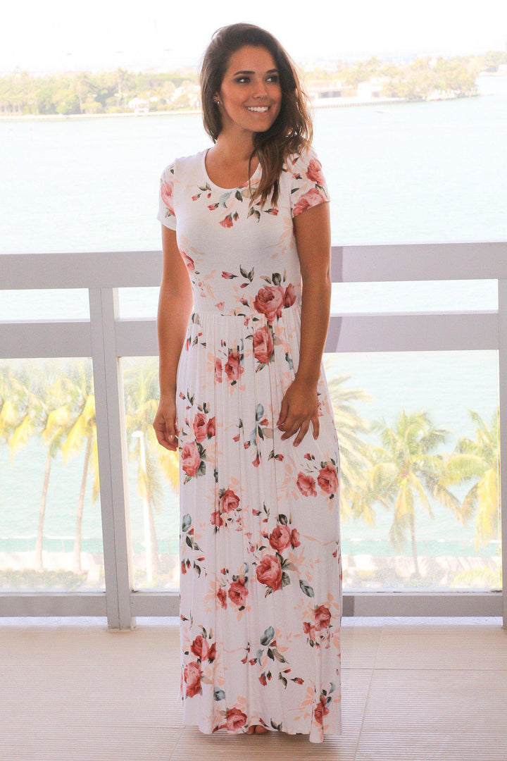 Ivory Floral Maxi Dress with Criss Cross Back