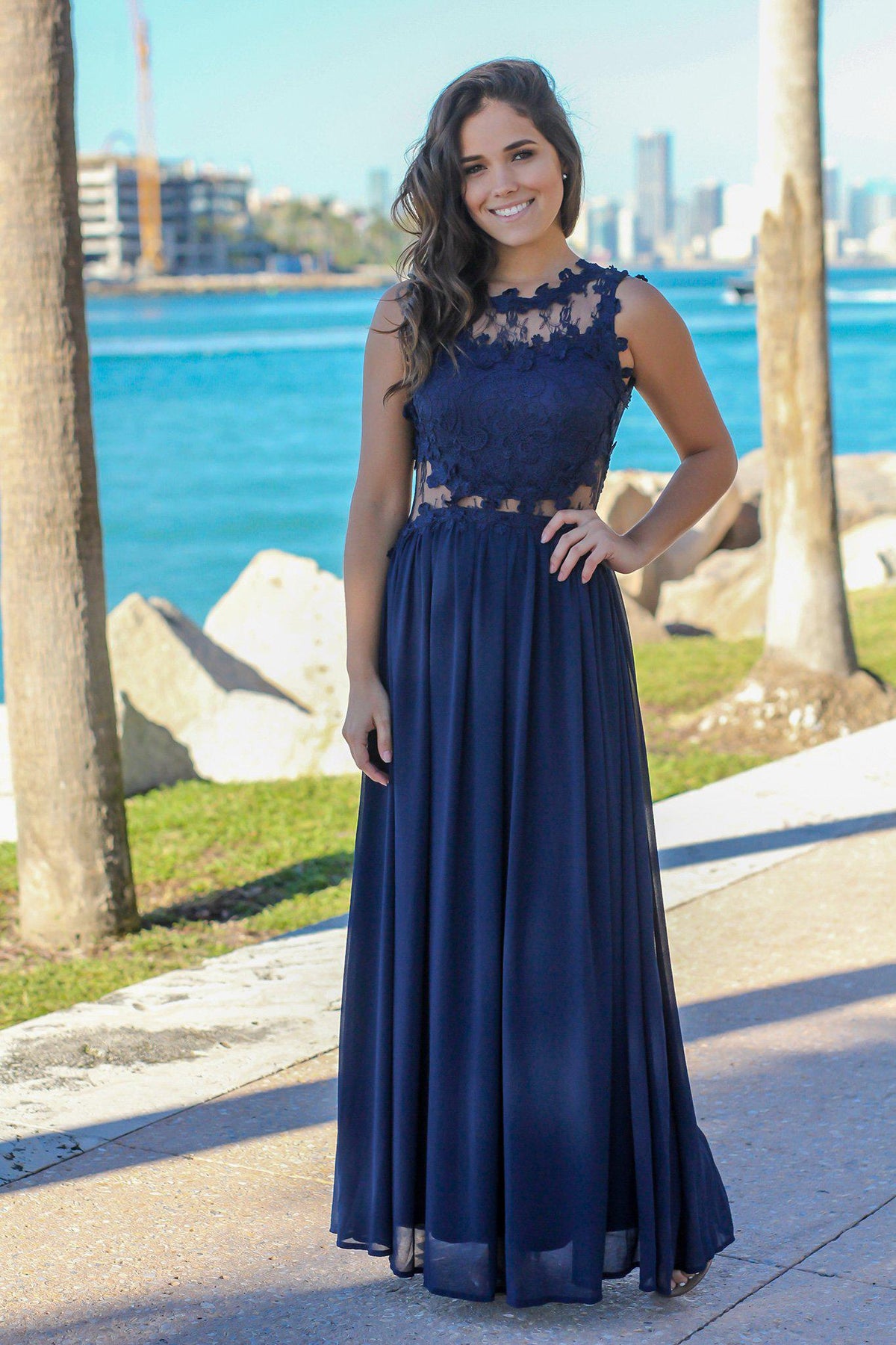 Navy Lace Top Maxi Dress with Tulle Back | Formal Dresses – Saved by ...