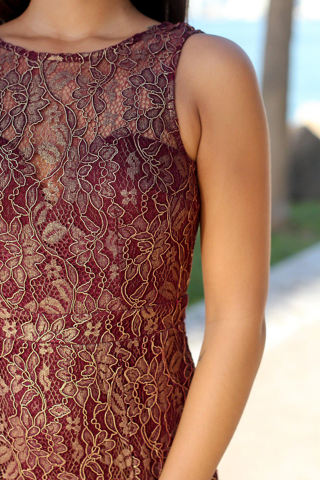 Burgundy and Gold Lace Maxi Dress with Open Back | Beautiful Dresses Saved by the Dress Burgundy and Gold Lace Maxi Dress with Open Back | Beautiful Dresses Saved by the Dress