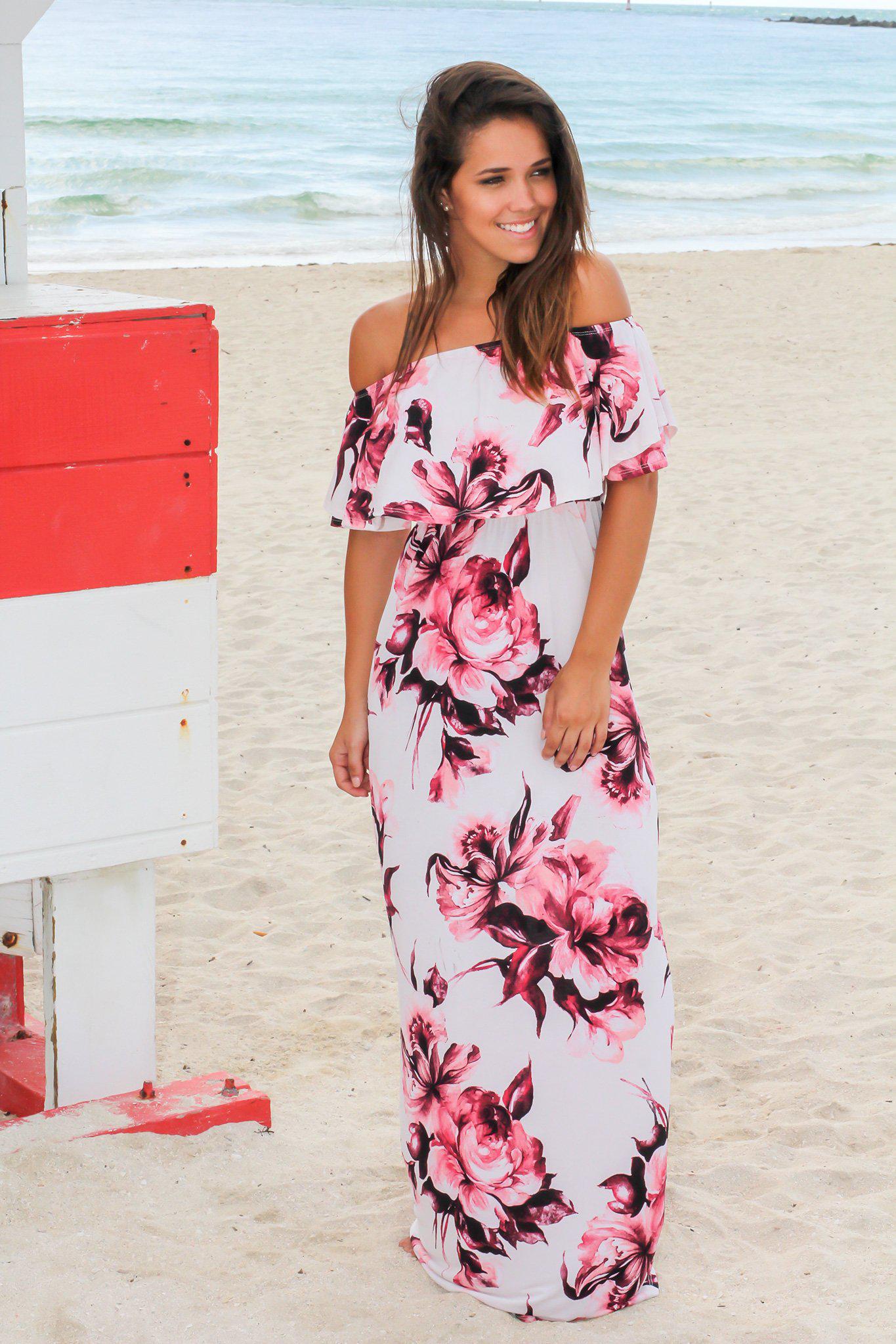 Ivory and Red Floral Off Shoulder Maxi Dress | Maxi Dresses – Saved by ...