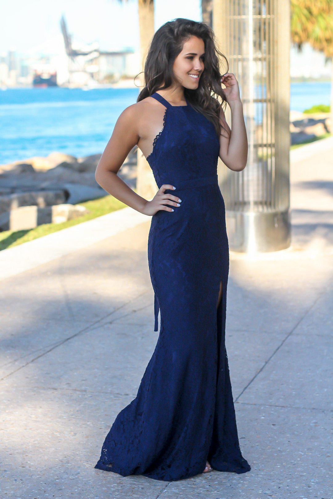 Navy Lace Maxi Dress with Criss Cross Tie Back | Maxi Dresses  Saved by  the Dress