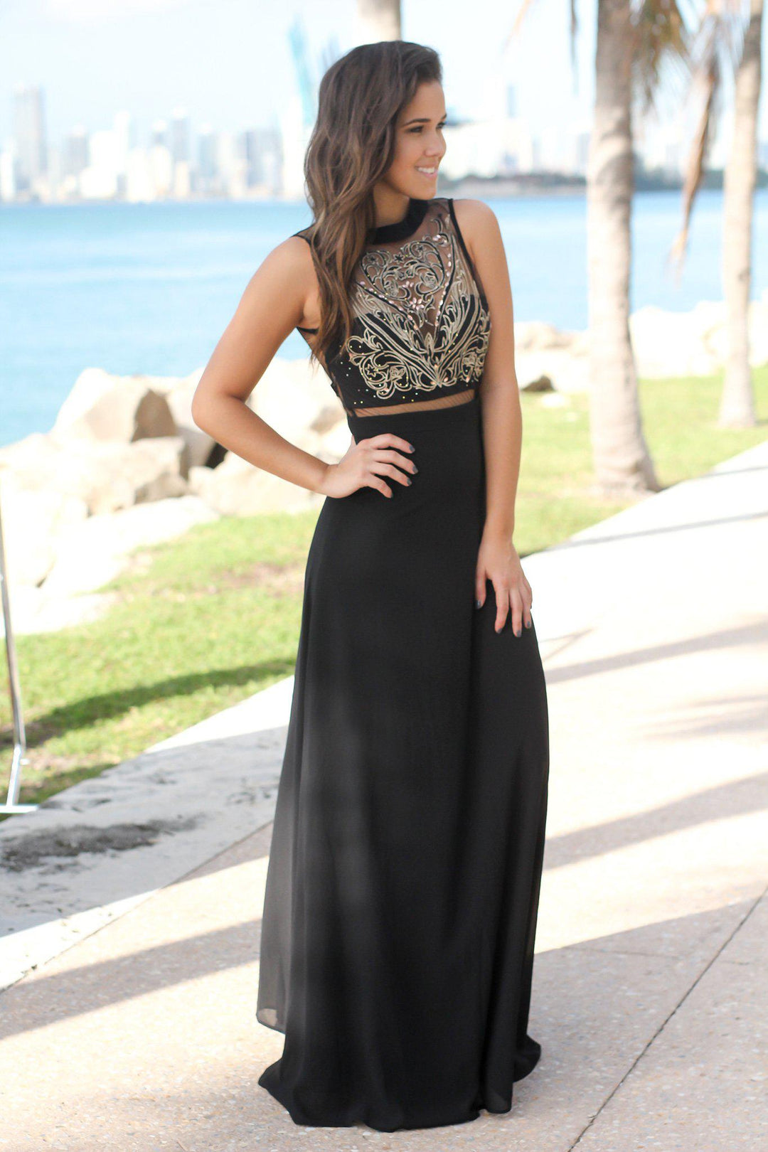 Black and Gold Embroidered Maxi Dress with Tulle Back | Maxi Dresses Saved by the Dress Black and Gold Embroidered Maxi Dress with Tulle Back | Maxi Dresses Saved by the Dress