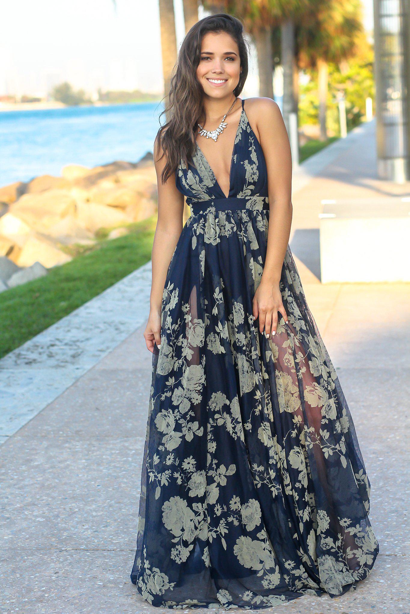 Navy Printed Tulle Maxi Dress with Criss Cross Back | Maxi Dresses ...