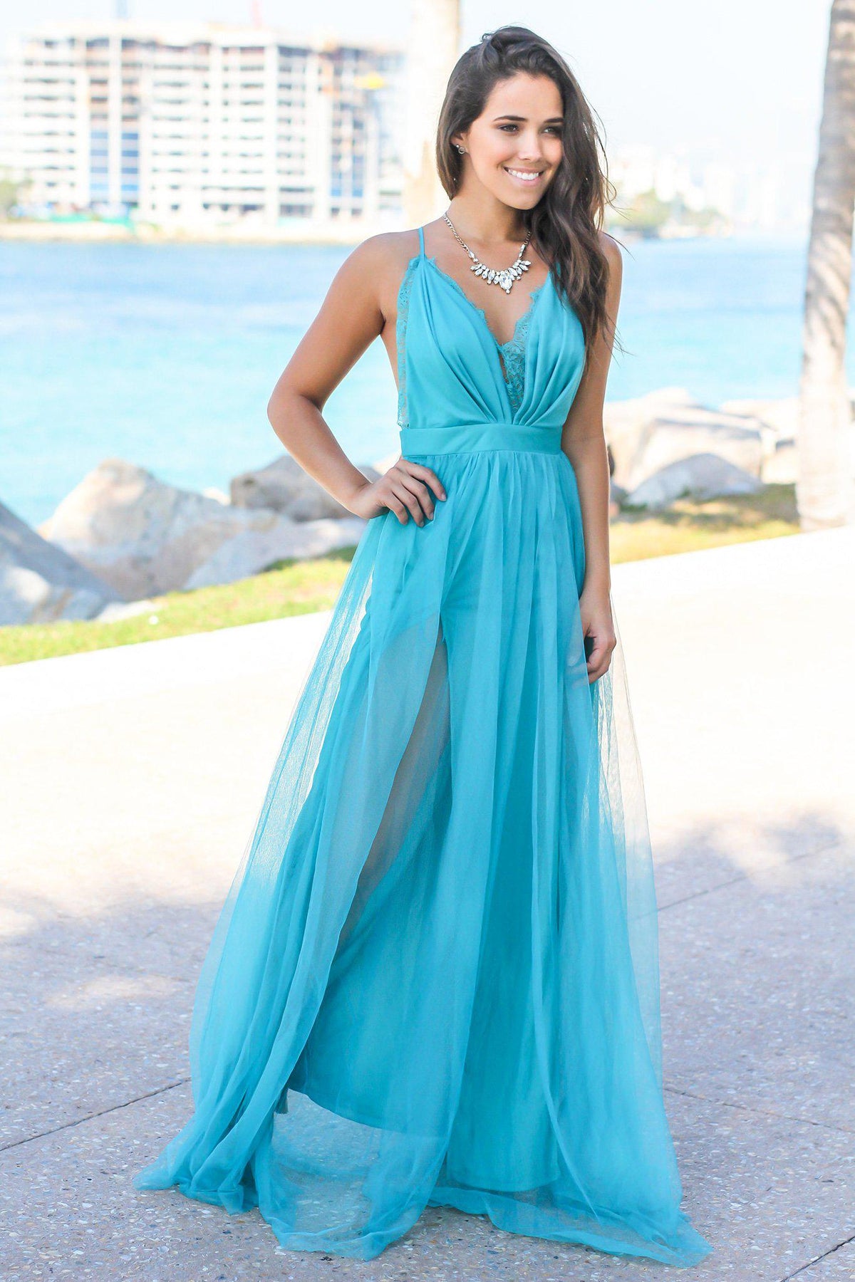 Turquoise Tulle Maxi Dress with Lace Detail | Maxi Dresses Saved by the Dress Turquoise Tulle Maxi Dress with Lace Detail | Maxi Dresses Saved by the Dress