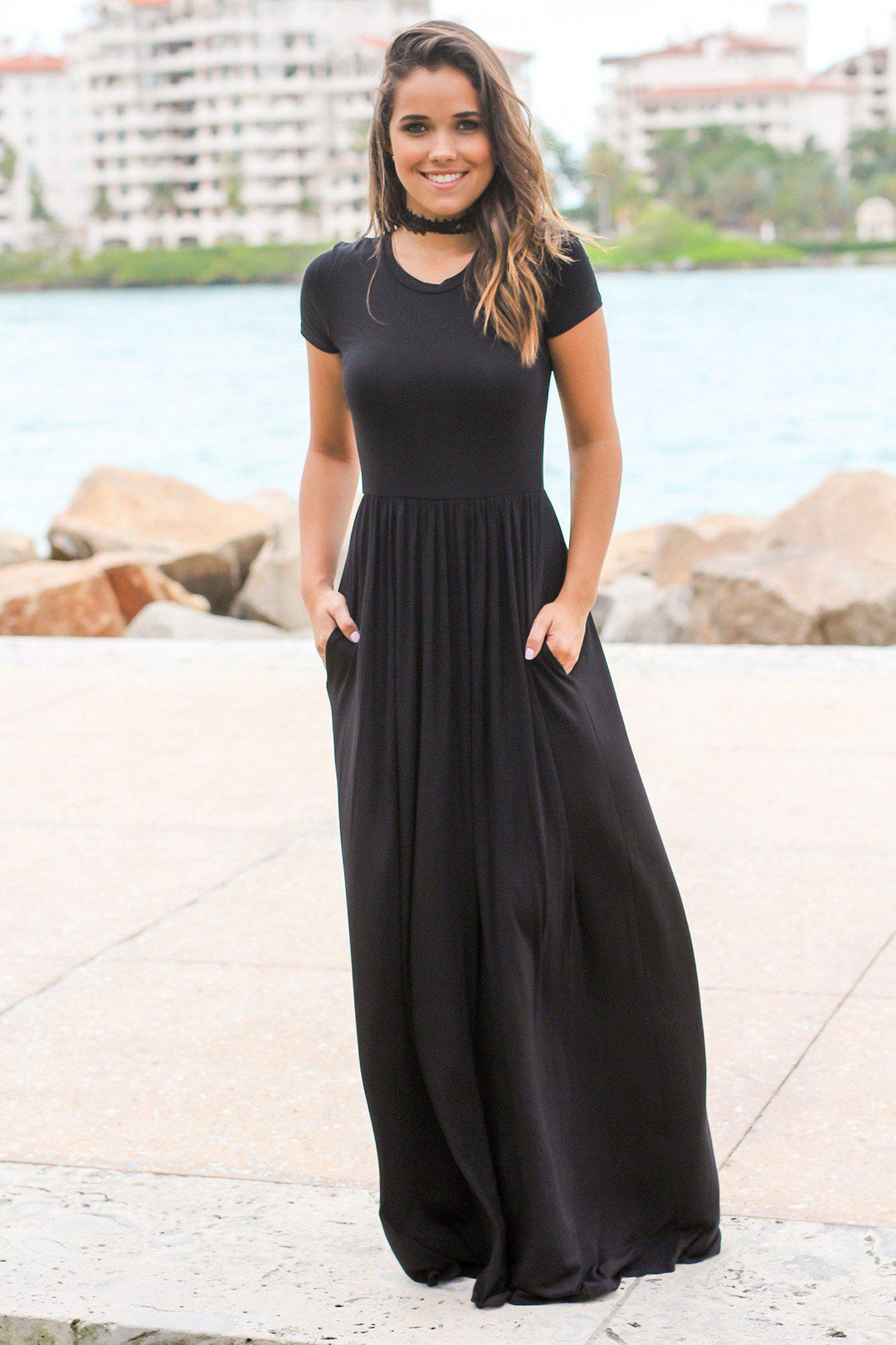 Black Short Sleeve Maxi Dress with Pockets