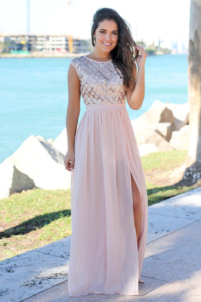 Rose Gold Maxi Dress with Sequin Top | Maxi Dresses – Saved by the Dress