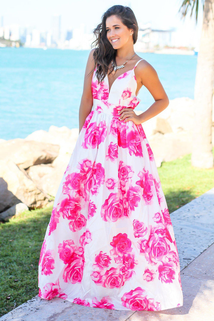 chinese dress ladies Ivory and Fuchsia Floral Maxi Dress with Criss Cross Back