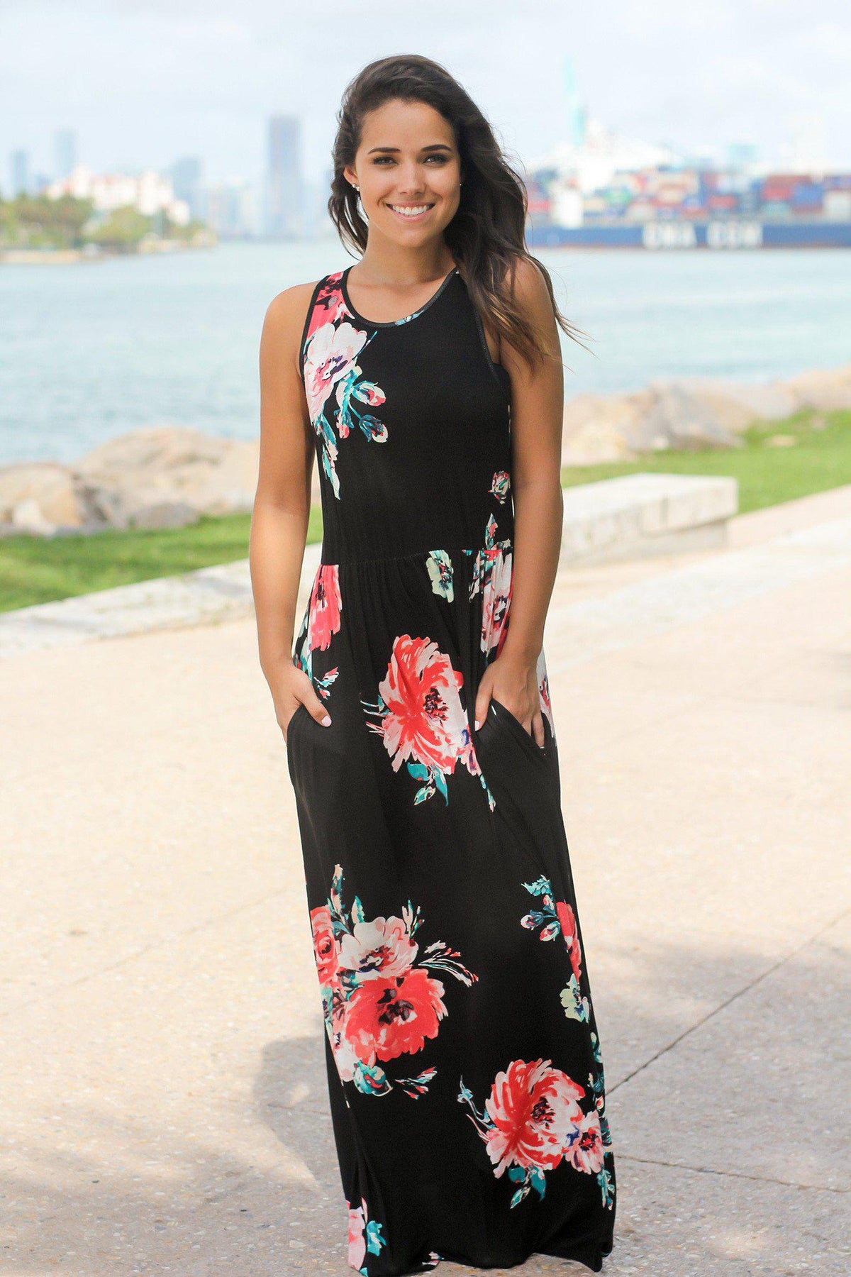 Black and Coral Floral Print Maxi Dress | Cute Dresses – Saved by the Dress