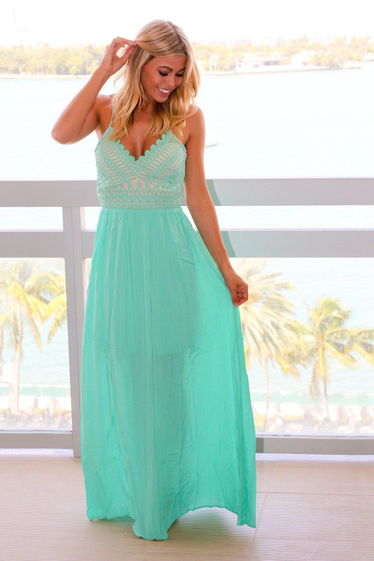 Mint Maxi Dress with Criss Cross Back and Crochet Detail | Maxi Dresses Saved by the Dress Mint Maxi Dress with Criss Cross Back and Crochet Detail | Maxi Dresses Saved by the Dress