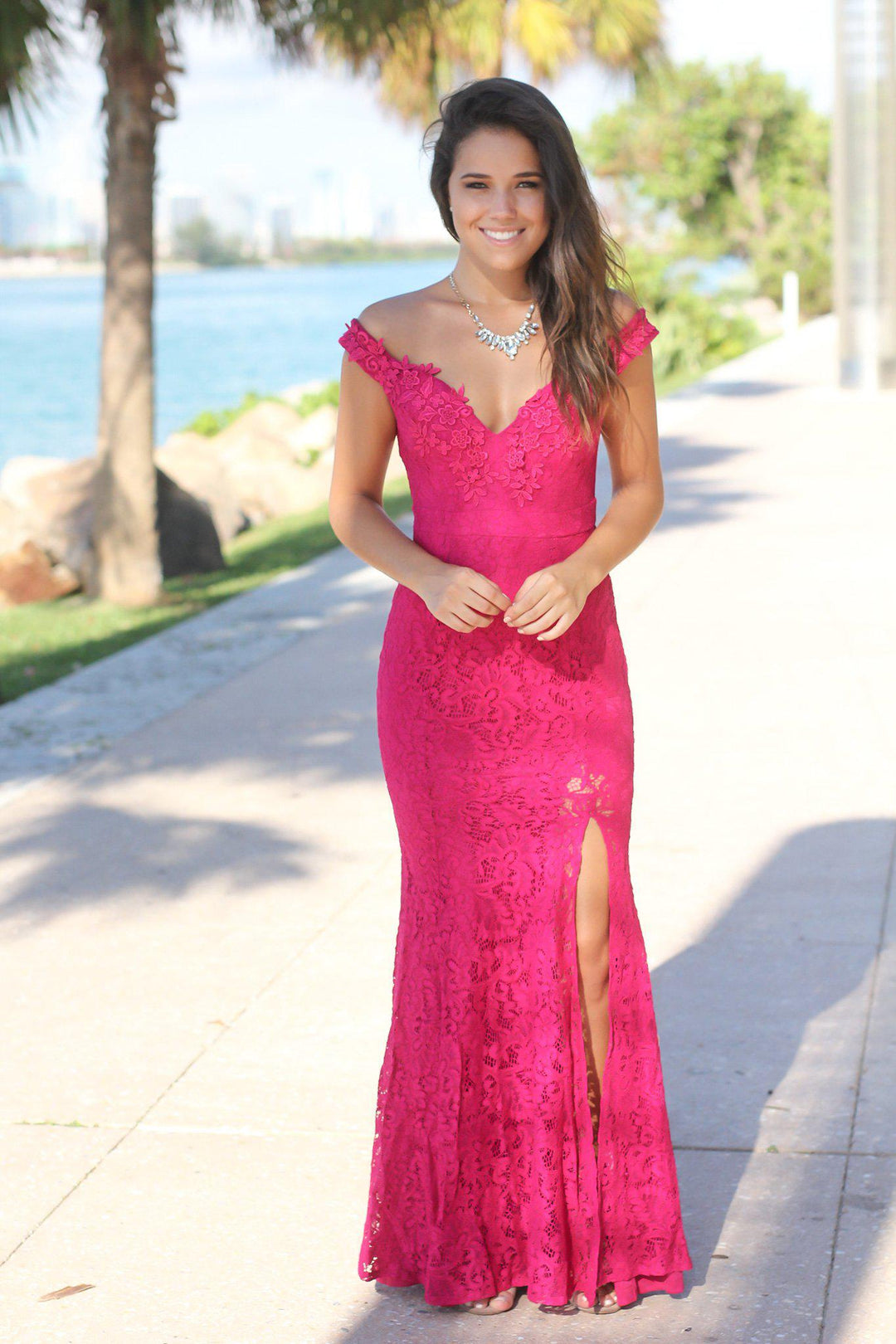 suede draped lace maxi dress in magenta Magenta Lace Off Shoulder Maxi Dress