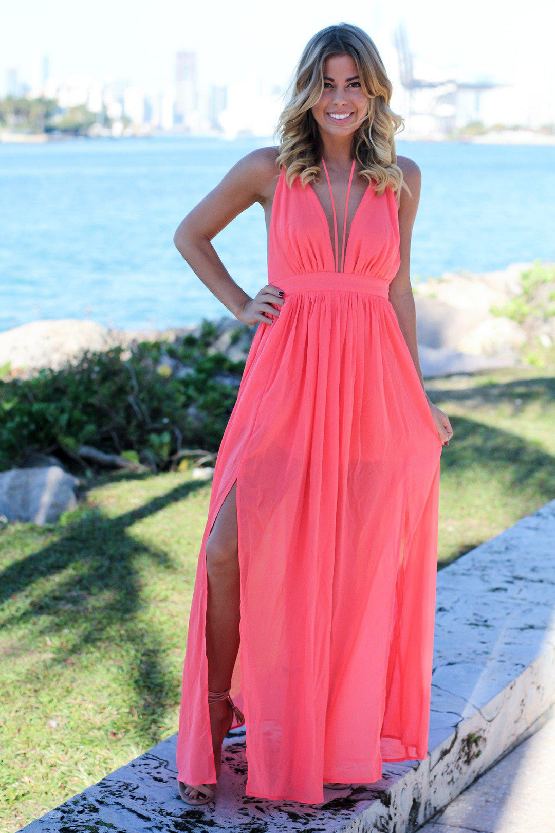 Coral Maxi Dress with Criss Cross Back
