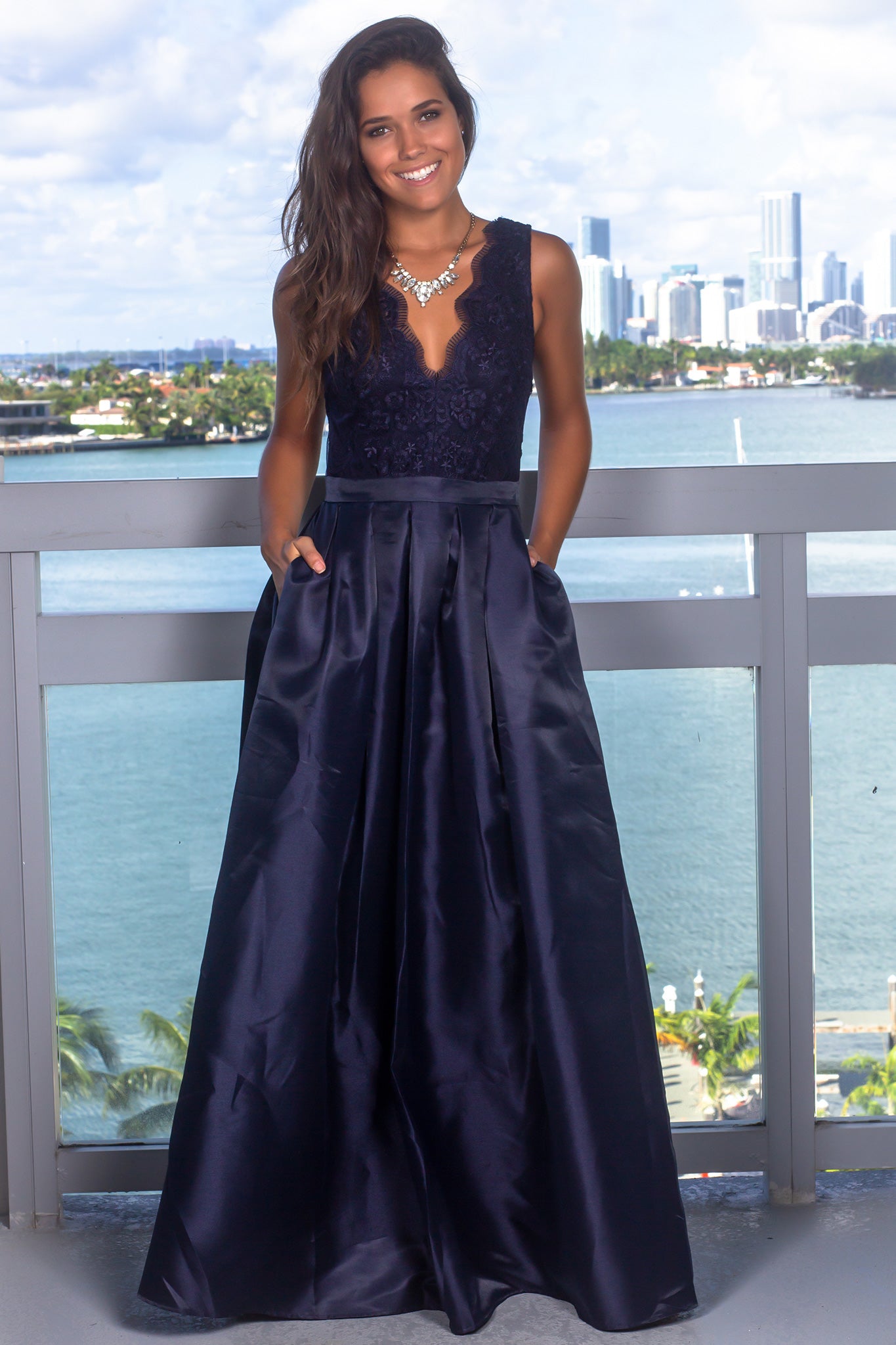 Navy Maxi Dress with Scalloped V-Neck | Maxi Dresses – Saved by the Dress