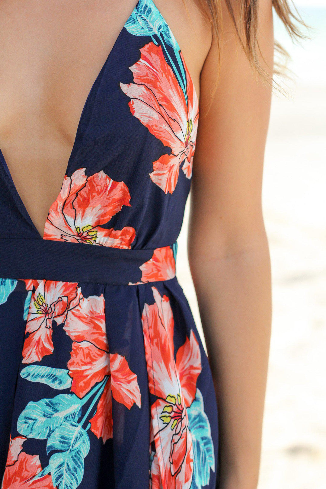 Navy and Coral Floral Print Maxi Dress