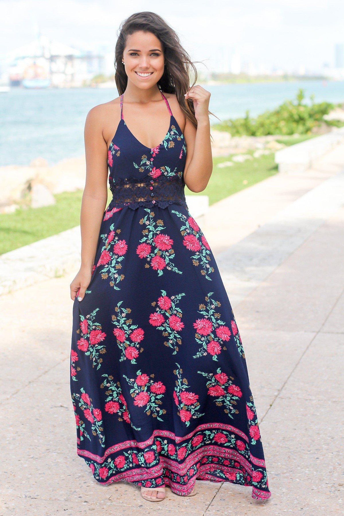 Navy Floral Maxi Dress with Crochet Detail | Maxi Dresses – Saved by ...