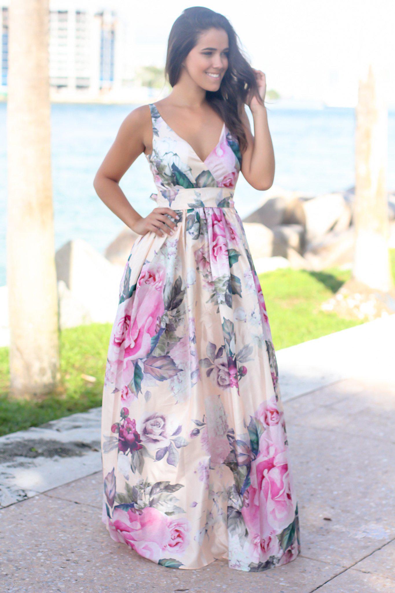 Pink Floral Printed Maxi Dress with Lace Back | Maxi Dresses – Saved by ...