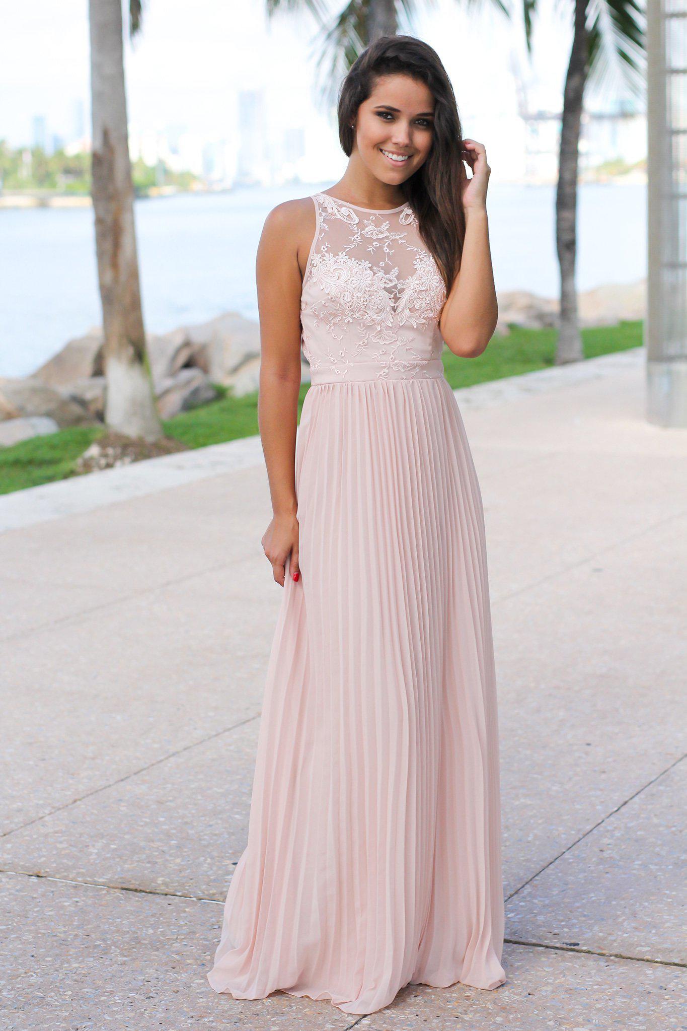 Blush Pleated Maxi Dress with Embroidered Top