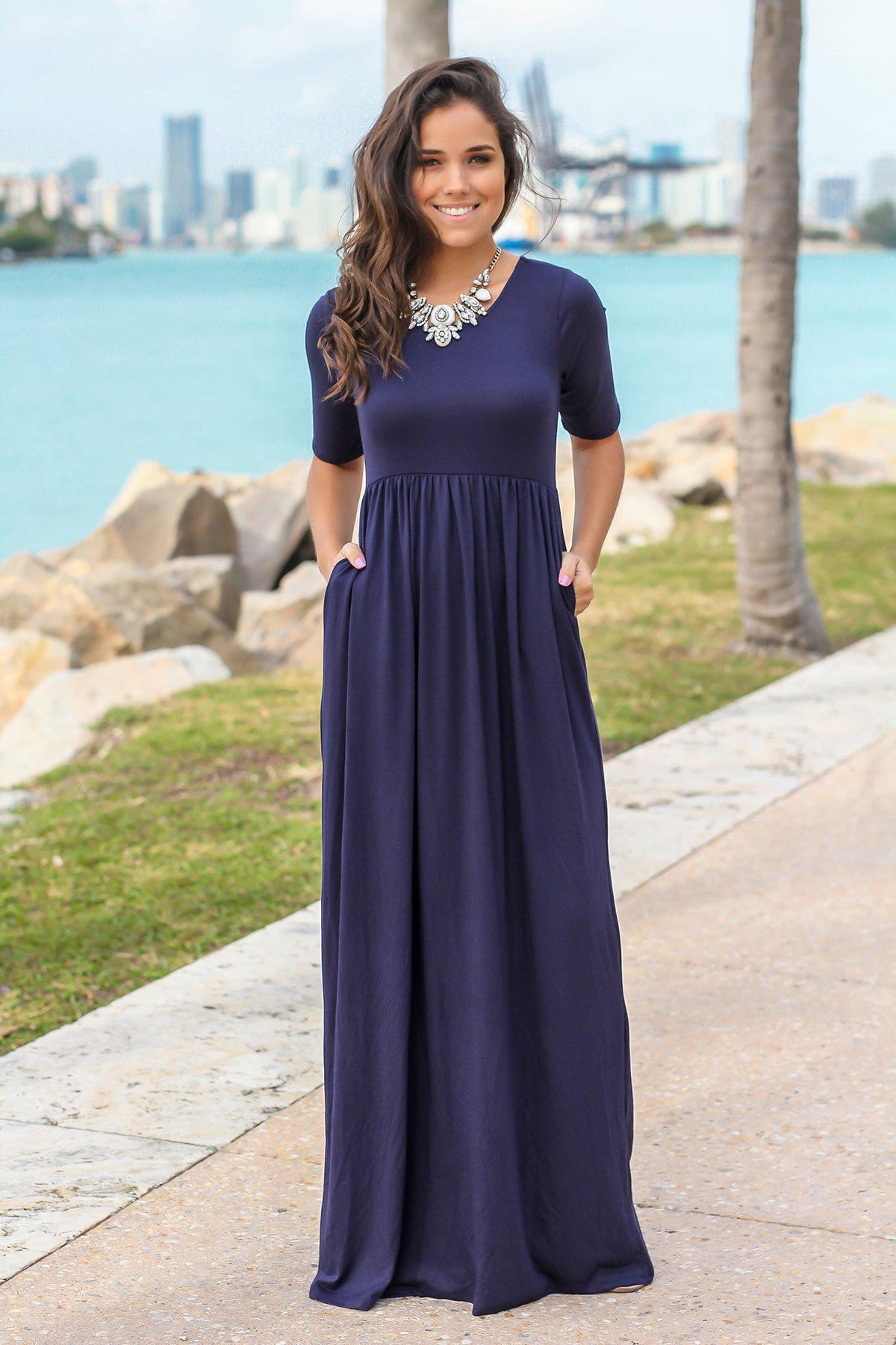 Navy 1/2 Sleeve Maxi Dress with Pockets | Maxi Dresses – Saved by the Dress