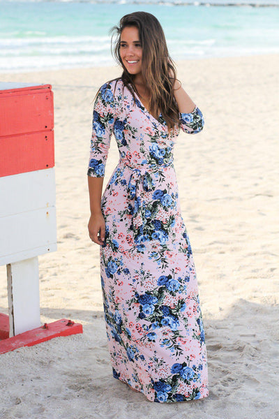 Peach Floral Wrap Maxi Dress with 3/4 Sleeves | Maxi Dresses – Saved by ...