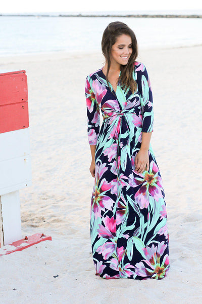 Navy and Jade Floral Maxi Dress with Knot | Maxi Dresses – Saved by the ...