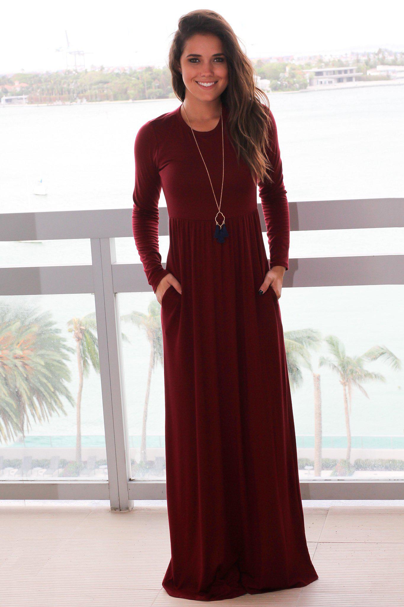 Burgundy Long Sleeve Maxi Dress with Pockets Maxi Dresses