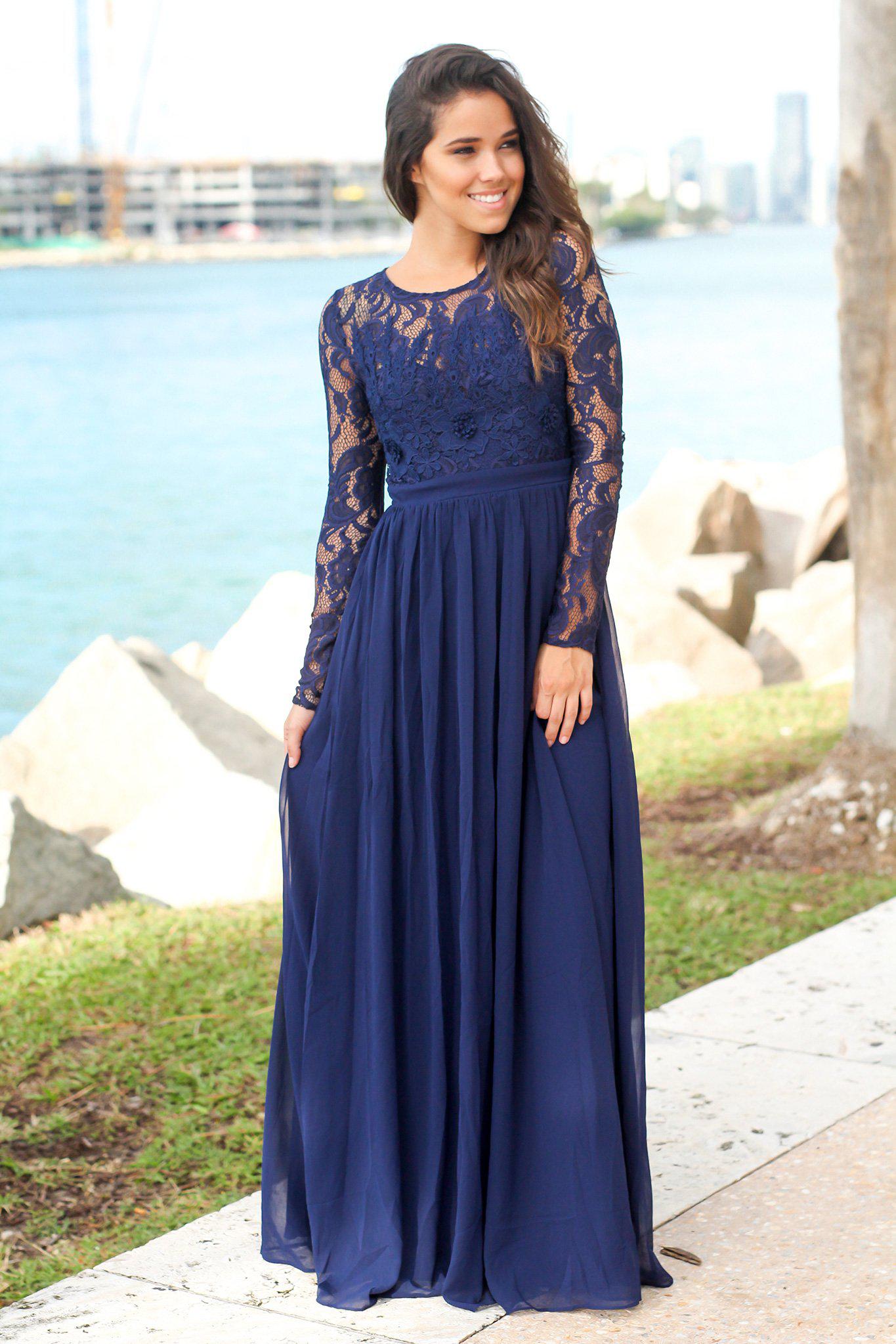 Navy Long Sleeve Maxi Dress with Crochet Top | Maxi Dresses Saved by the Dress Navy Long Sleeve Maxi Dress with Crochet Top | Maxi Dresses Saved by the Dress