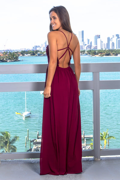 Deep Berry Maxi Dress Embroidered Top and Strappy Back