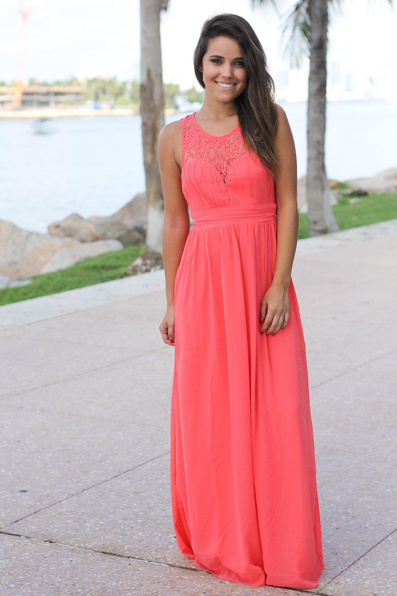 Coral Maxi Dress with Pleated Lace Top | Beautiful Dresses Saved by the Dress Coral Maxi Dress with Pleated Lace Top | Beautiful Dresses Saved by the Dress