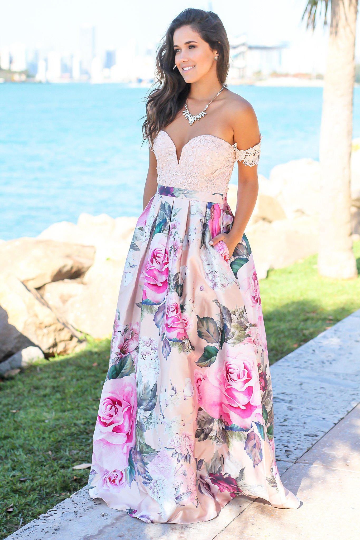 Blush Off Shoulder Floral Maxi Dress with Crochet Top | Maxi Dresses ...