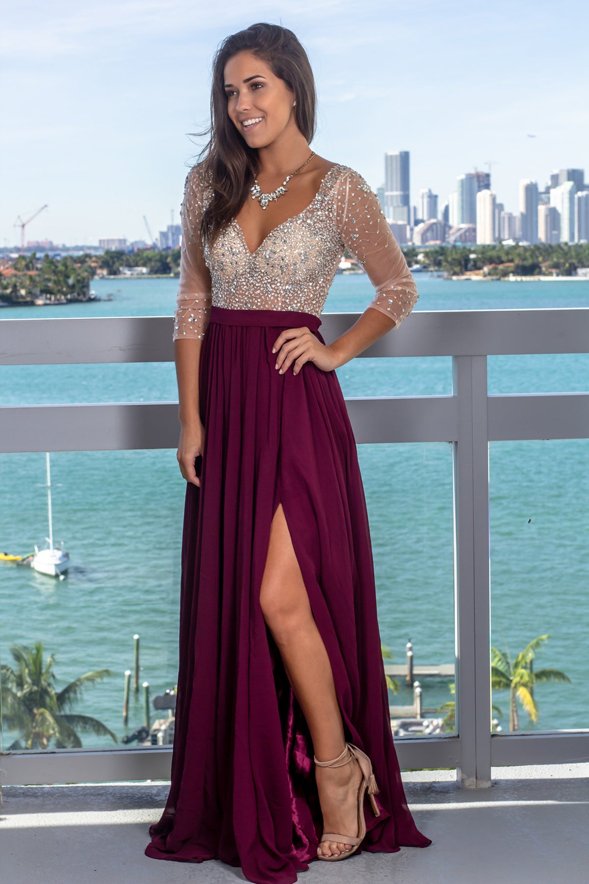 Wine Maxi Dress with Silver Jewels and 3/4 Sleeves | Formal Dresses ...