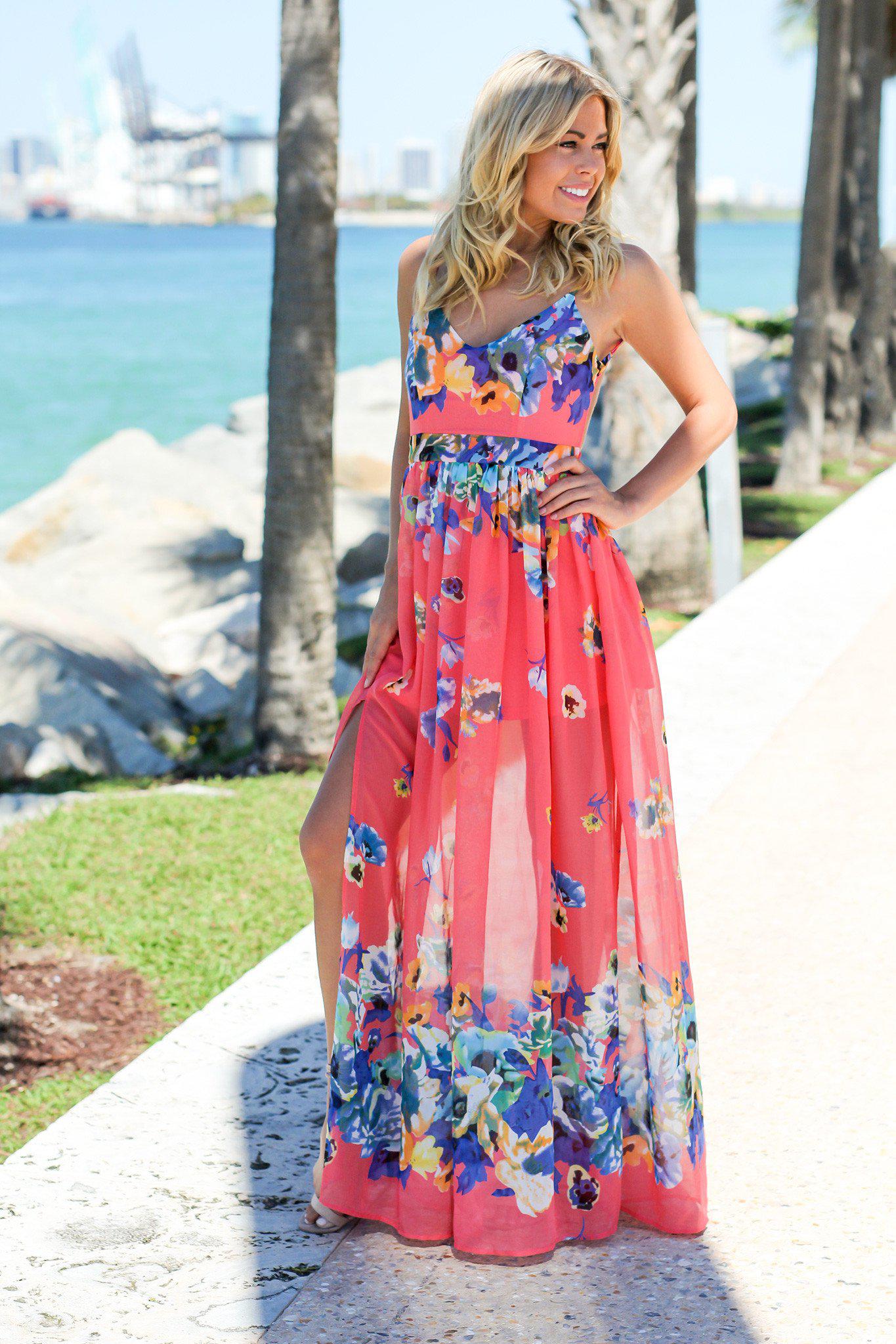 Coral Floral Maxi Dress with Side Slit | Maxi Dresses – Saved by the Dress