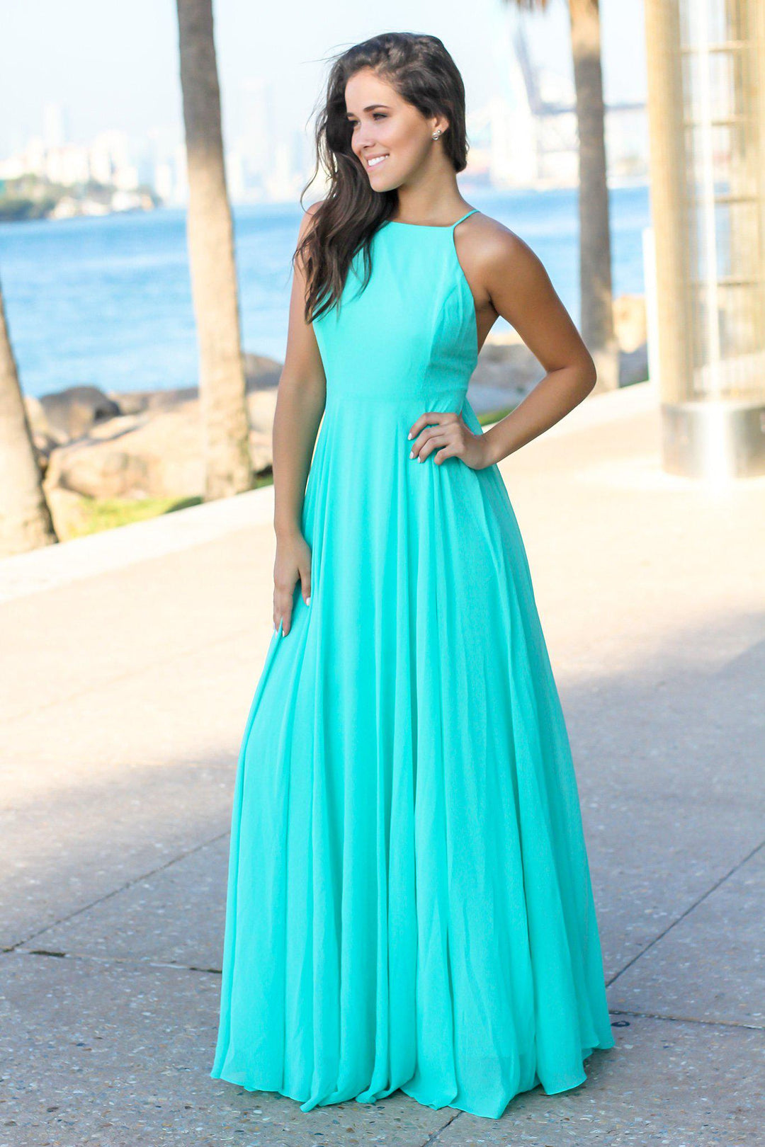 Aqua Maxi Dress with Criss Cross Back