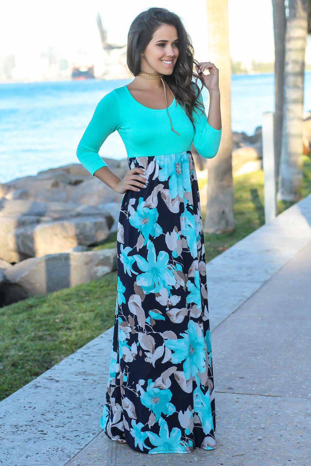floral print maxi dress with sleeves Navy and Mint Floral Maxi Dress with 3/4 Sleeves